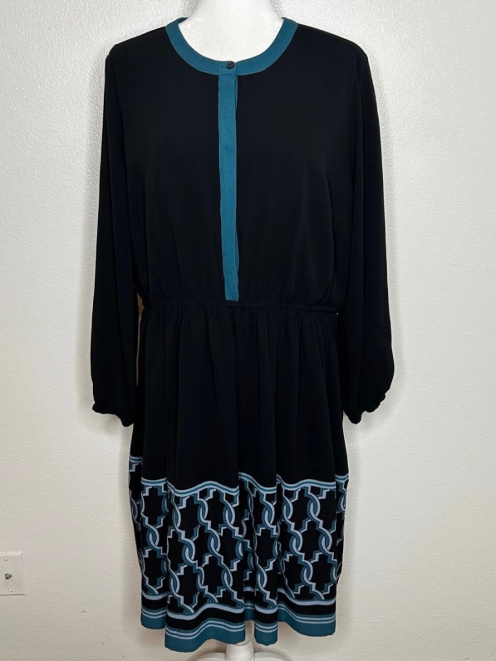 Lane Bryant Womens Black & Blue Stretch Blouson Midi Dress Long Sleeve Size 16